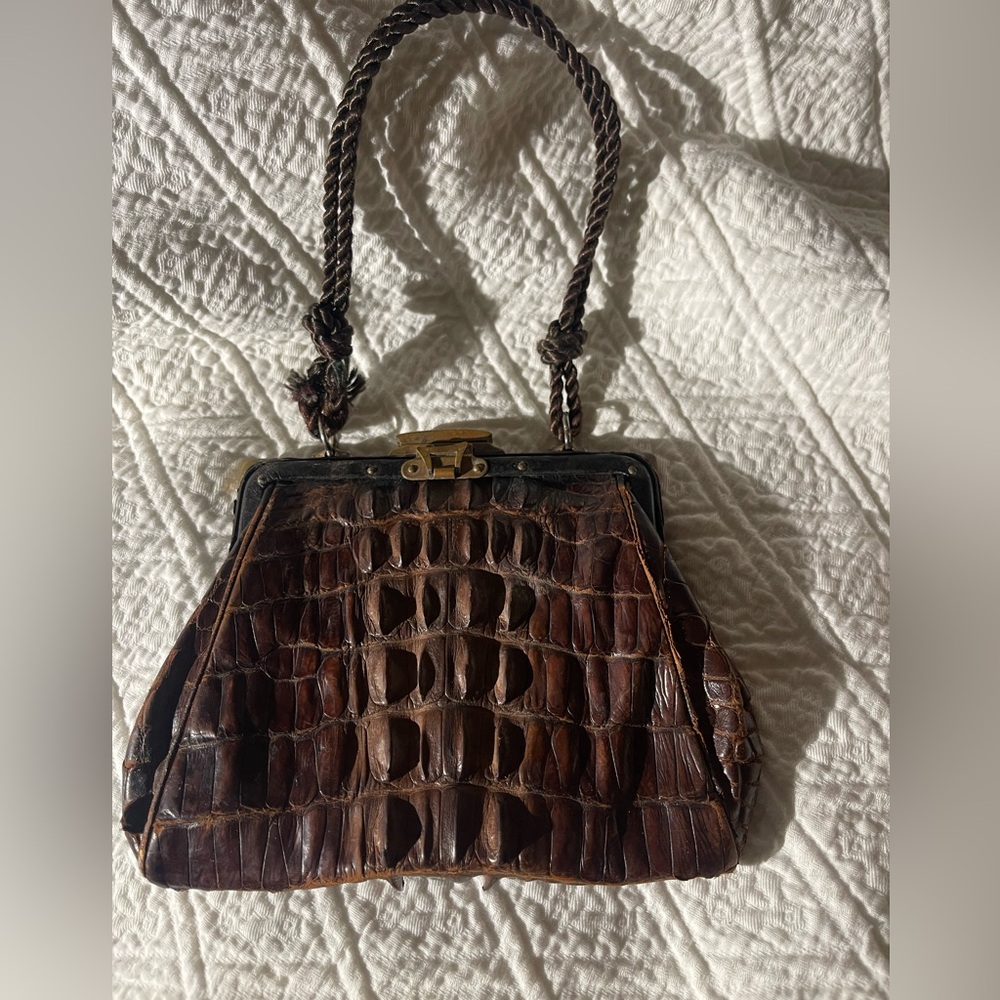 Vintage Antique 1920s Horn Back Crocodile Alligator Purse Bag Brown AS IS